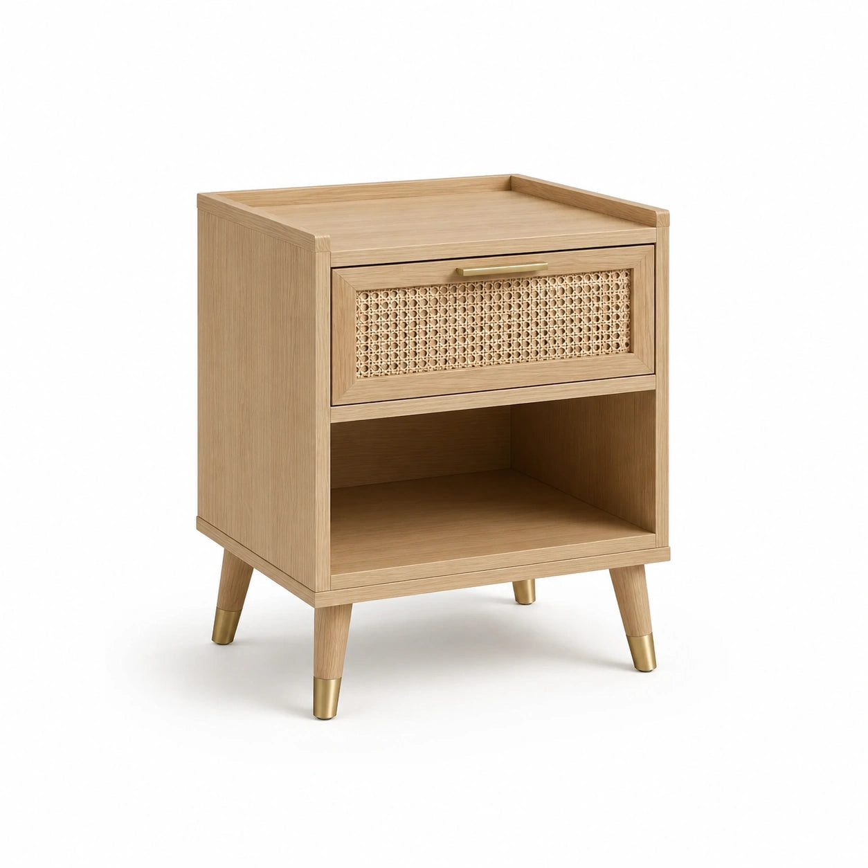 Table de chevet en bois avec tiroir en canne tissée