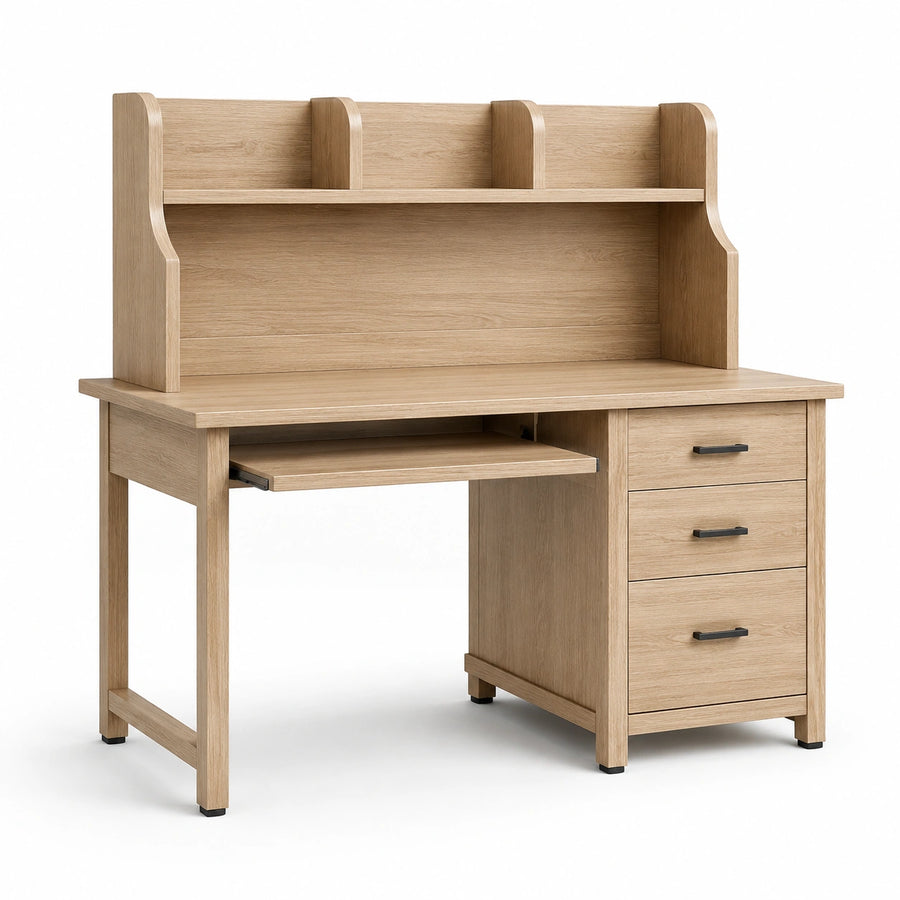 Bureau en bois avec étagères et 3 tiroirs en panneaux de particules mélaminés chêne clair 120x55x140 cm