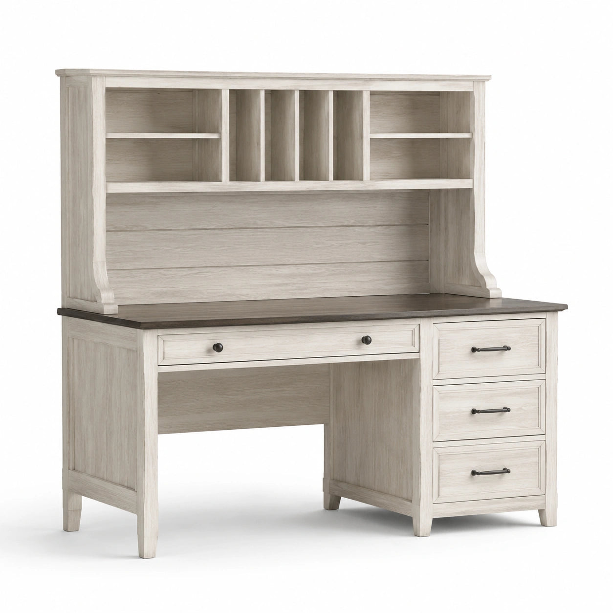 Bureau en bois avec étagères en pin massif blanc et brun foncé