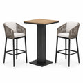 Ensemble table haute en teck et acier avec 2 tabourets en corde