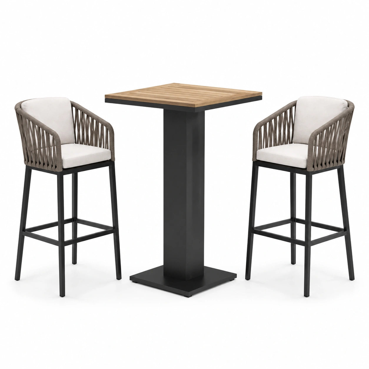 Ensemble table haute en teck et acier avec 2 tabourets en corde