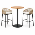 Ensemble de table haute en bois avec tabourets en métal et rotin