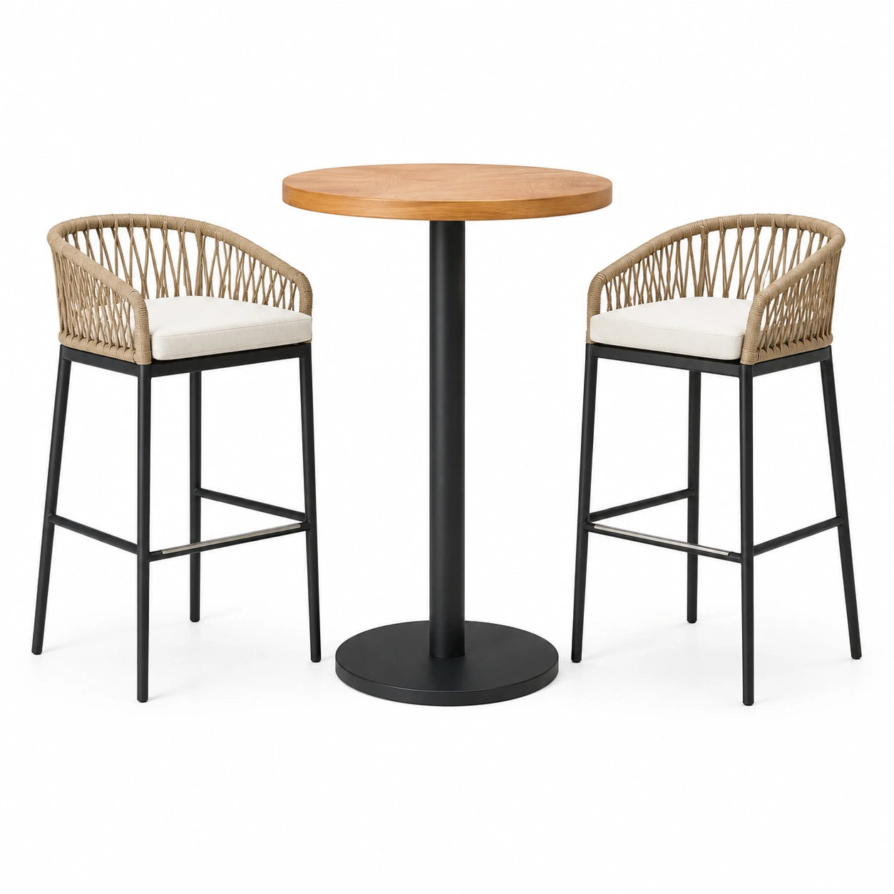 Ensemble de table haute en bois avec tabourets en métal et rotin