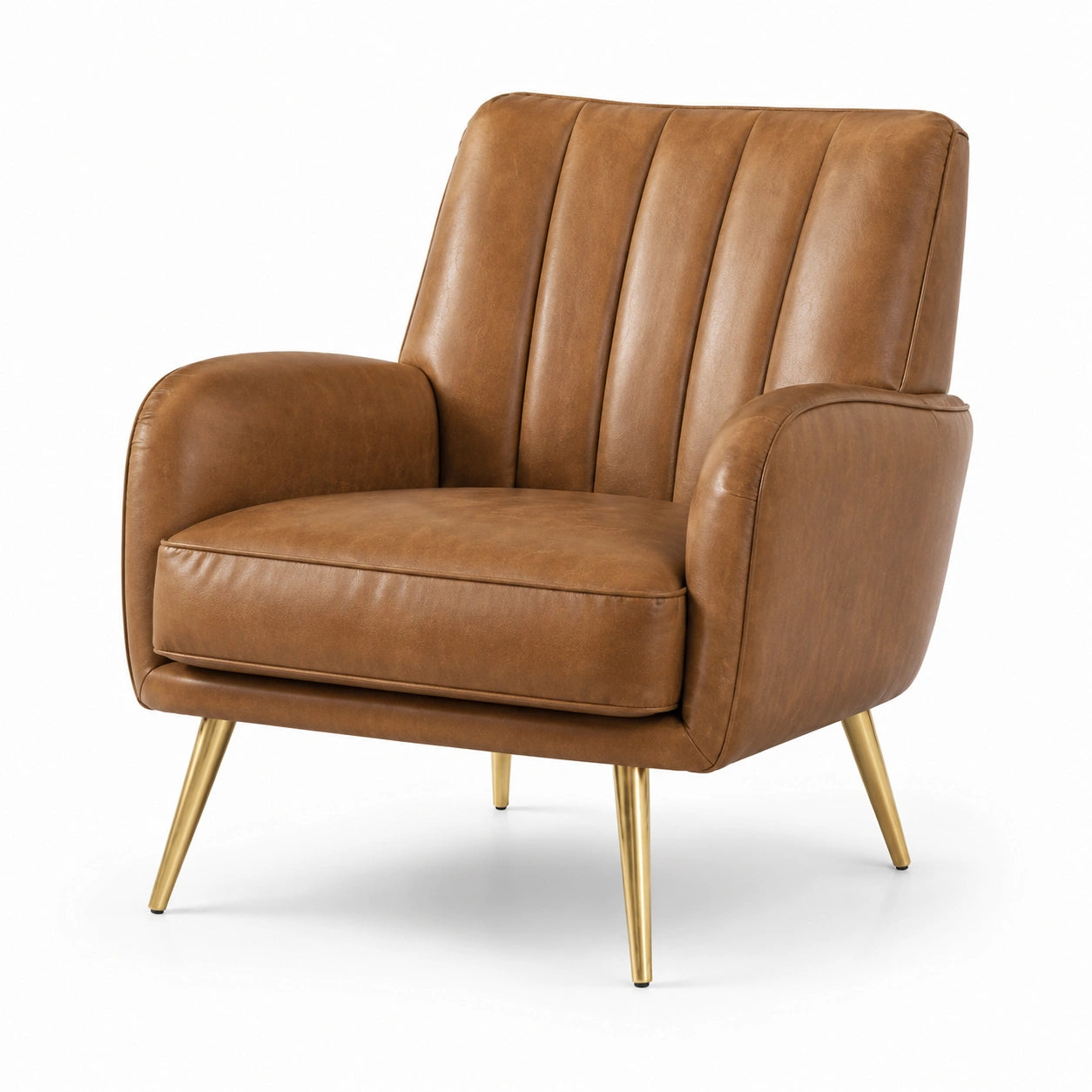 Fauteuil en cuir synthétique marron avec pieds en métal doré