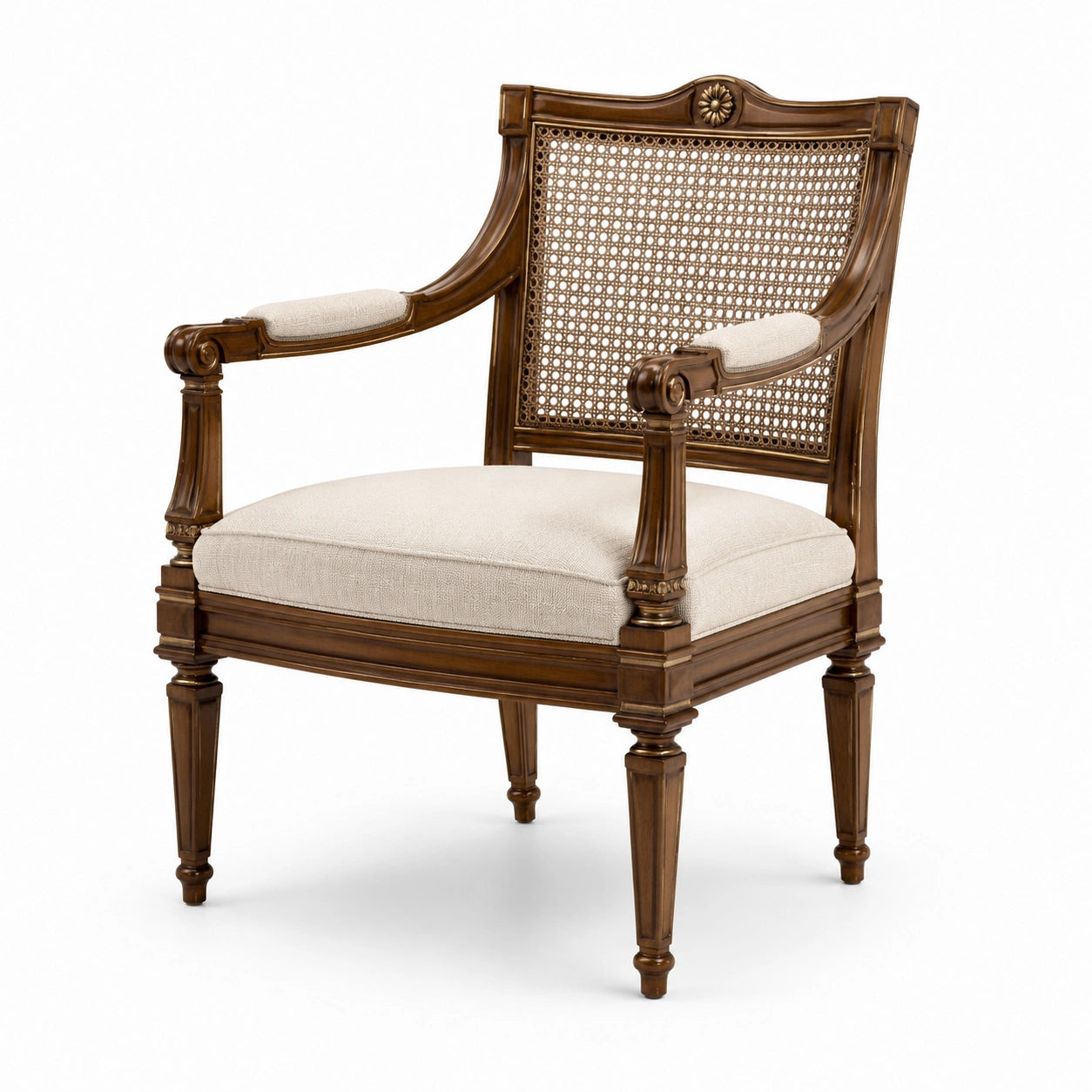 Fauteuil bois brun dossier en rotin tissu lin beige