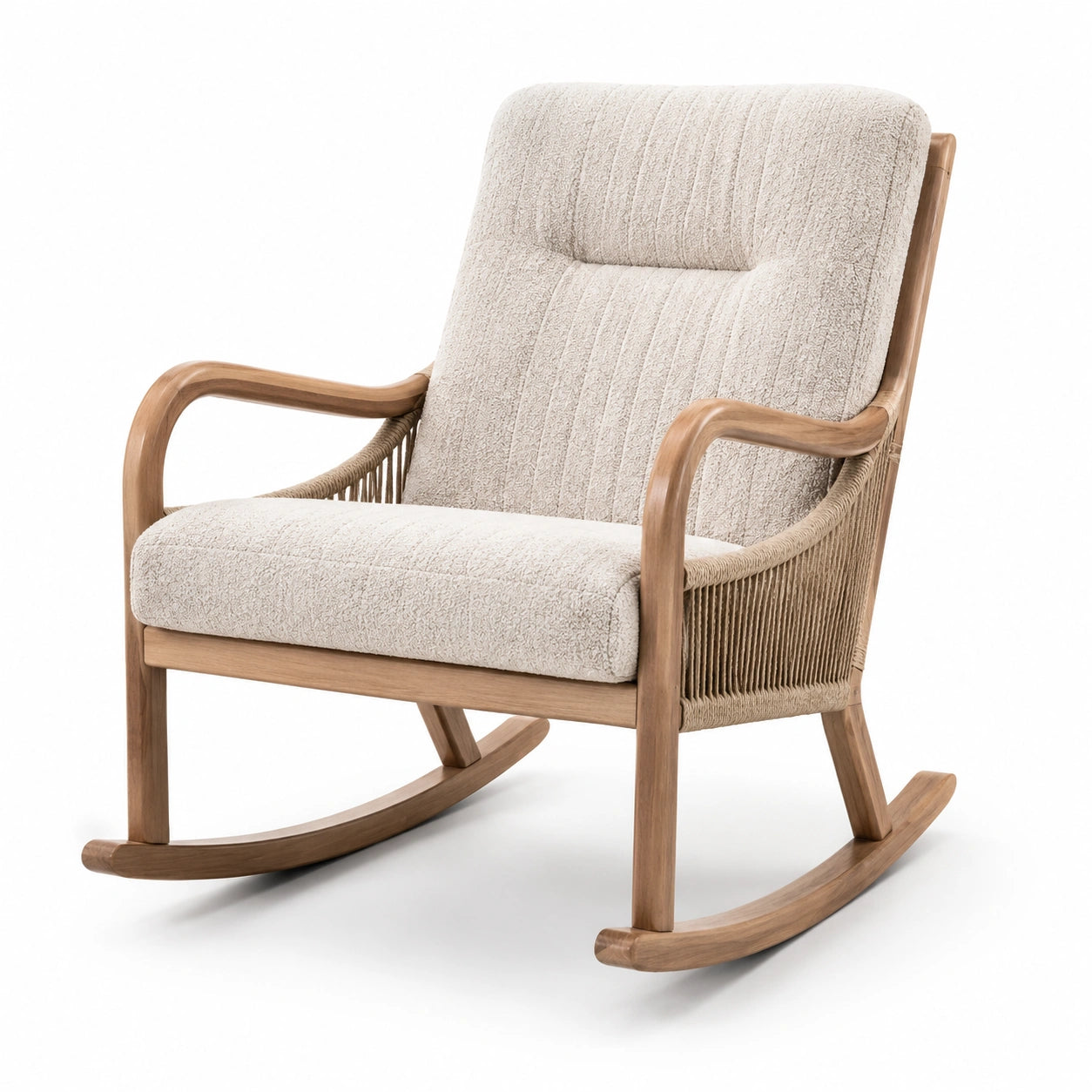 Fauteuil à bascule en chêne avec revêtement en tissu bouclé beige
