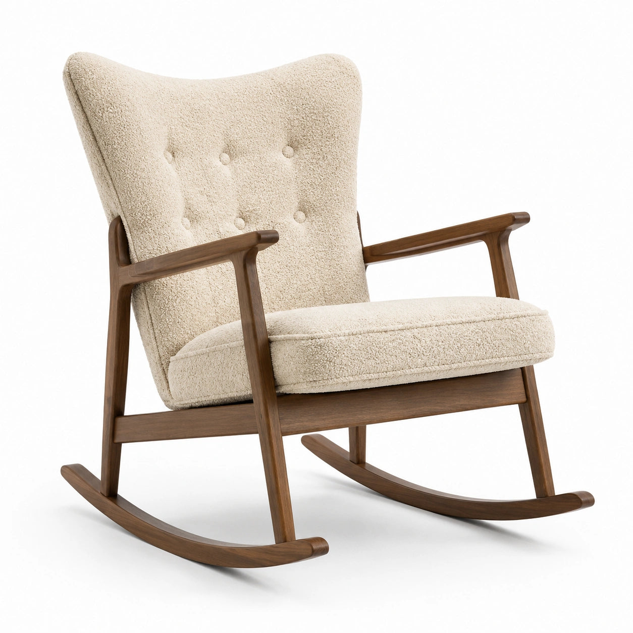 Fauteuil à bascule en bois de noyer et tissu bouclette beige