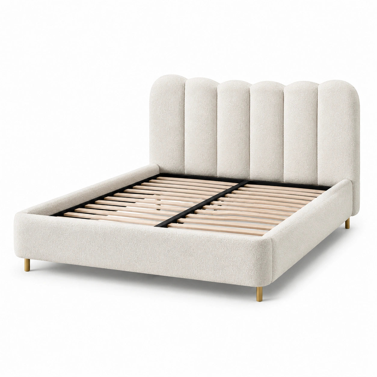 Lit double en tissu bouclé avec pieds en métal doré 200x160cm